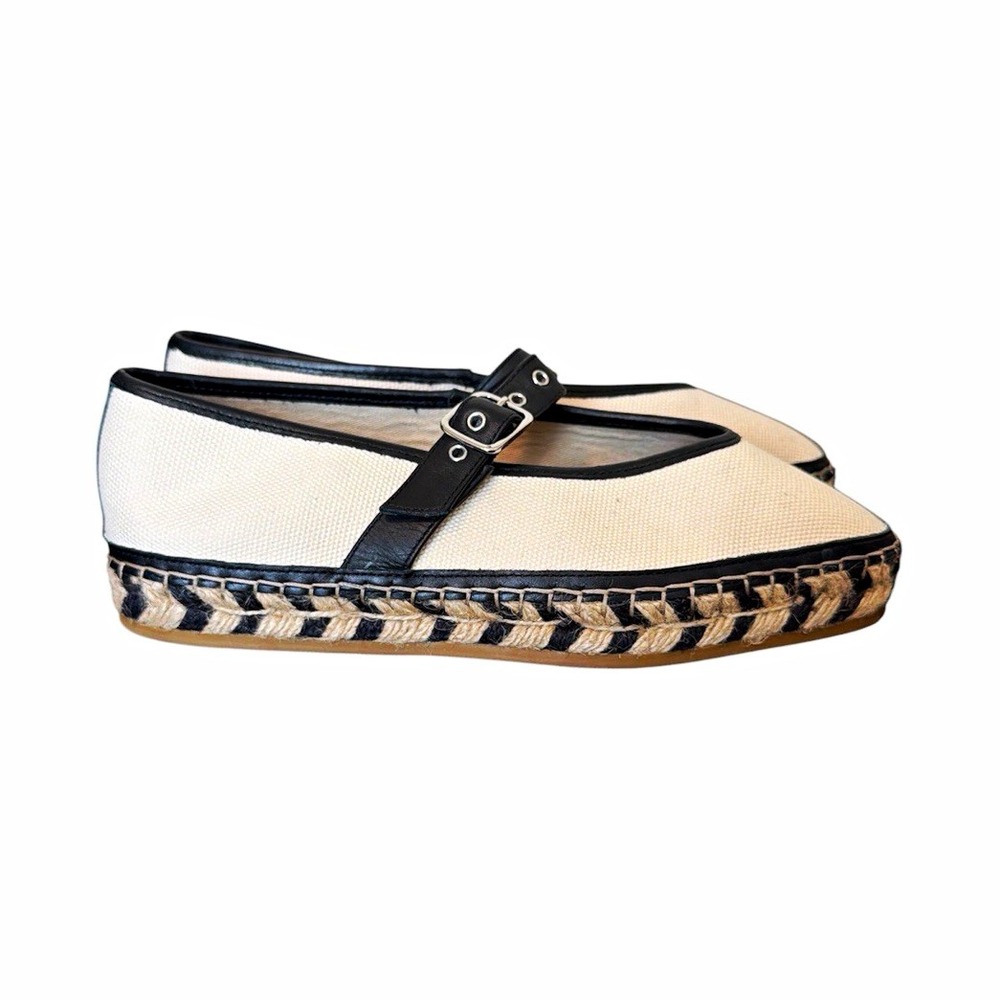 Madewell The Remy Mary Jane Shoes size 7.5 Beige/Black Canvas Espadrille Flats